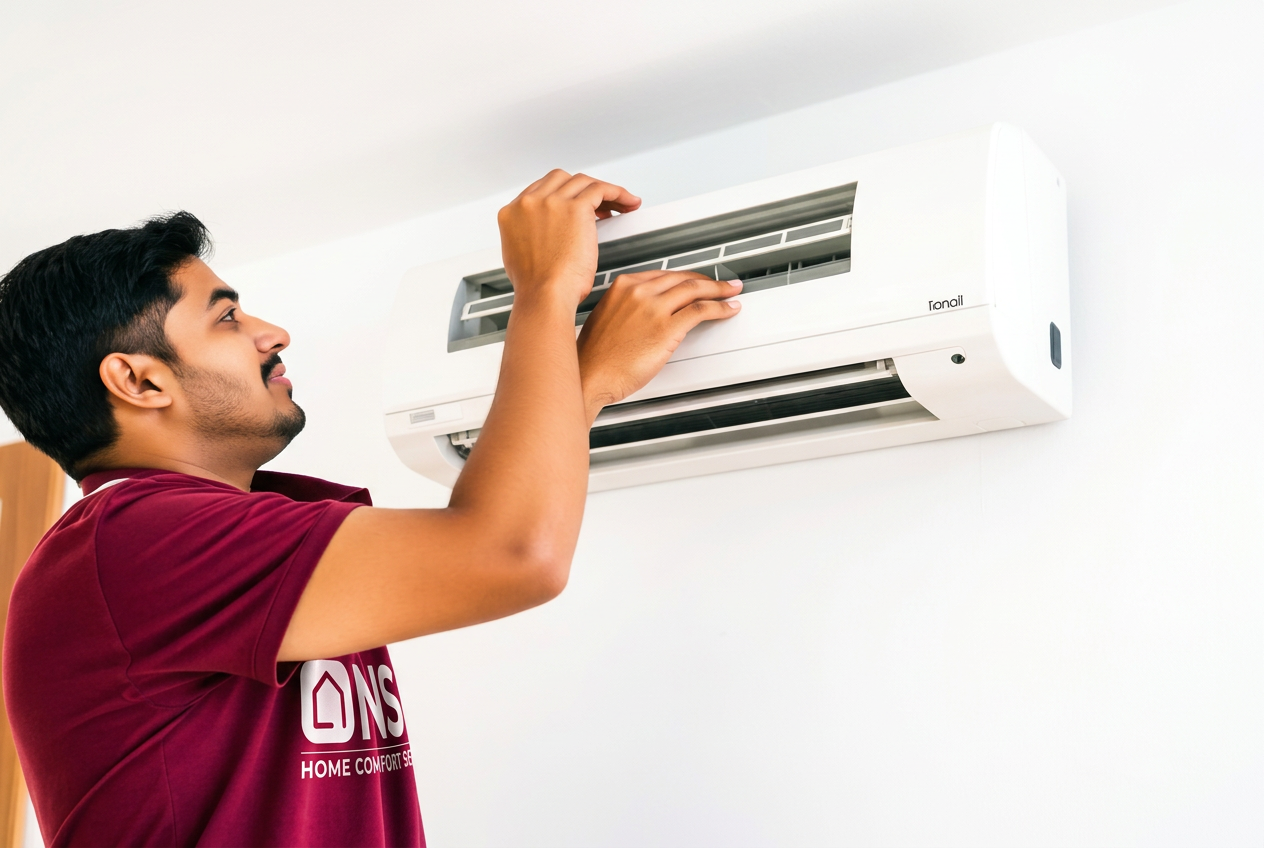 NSG technician cleaning a split AC indoor unit filter at a home in Kakinada