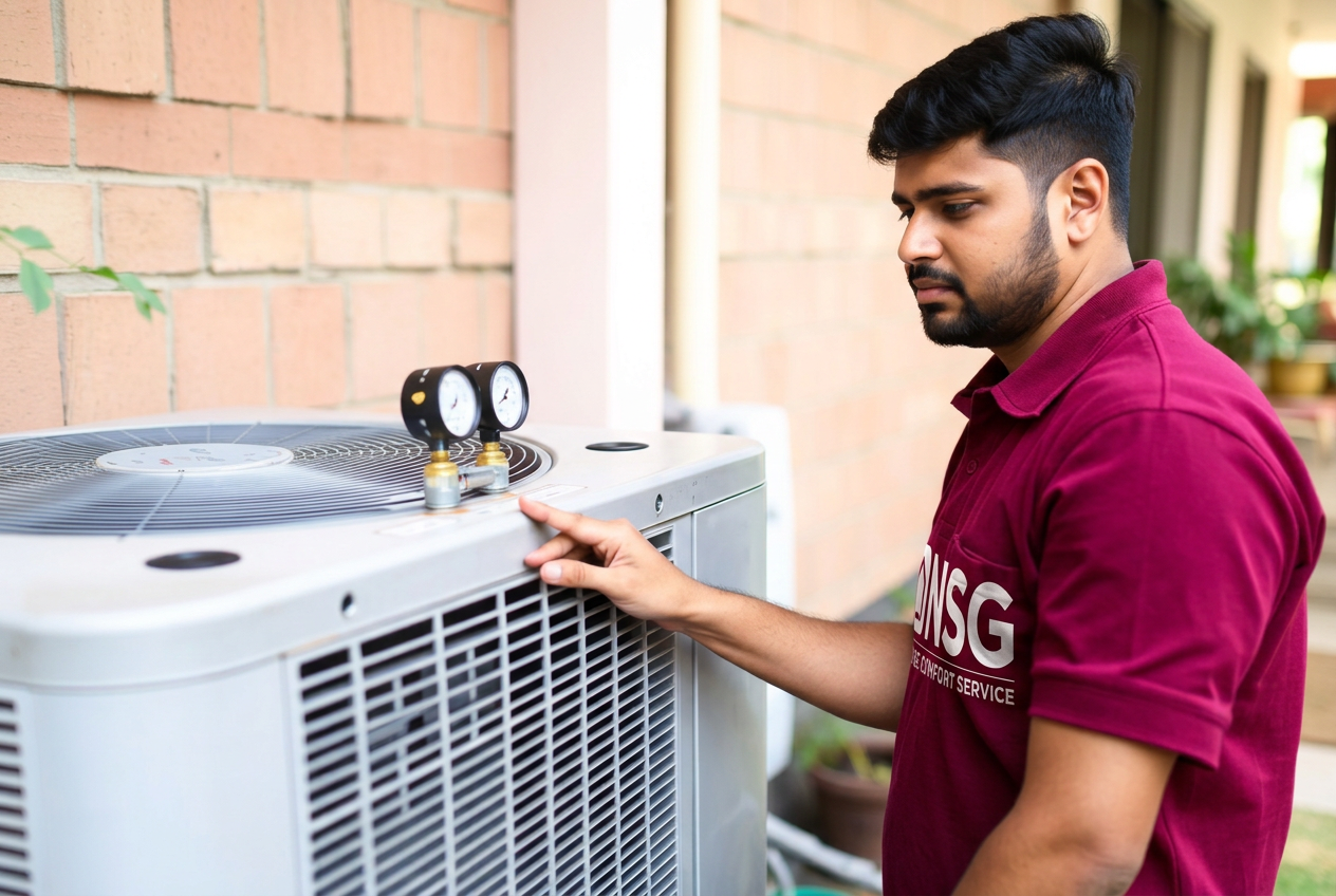 NSG technician checking gas pressure on an outdoor AC condenser unit