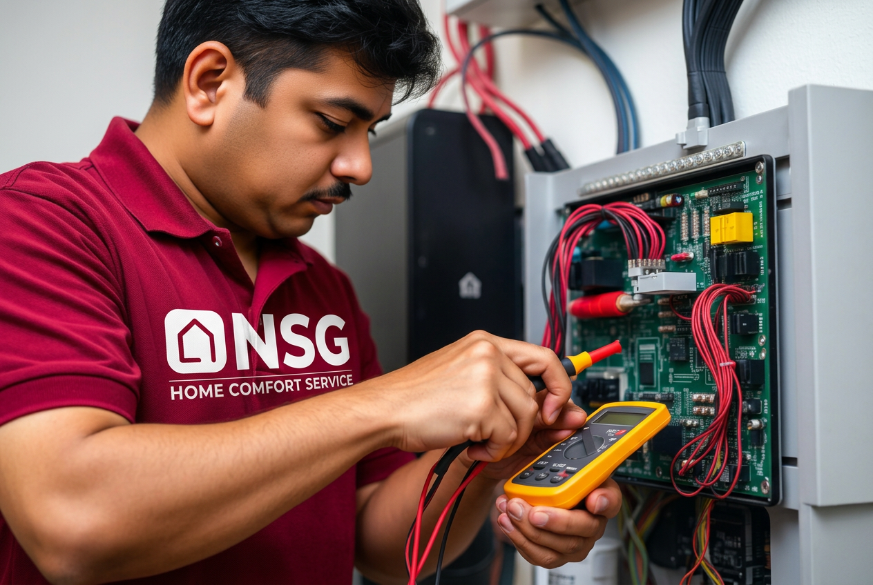 NSG technician testing an AC circuit board with a multimeter