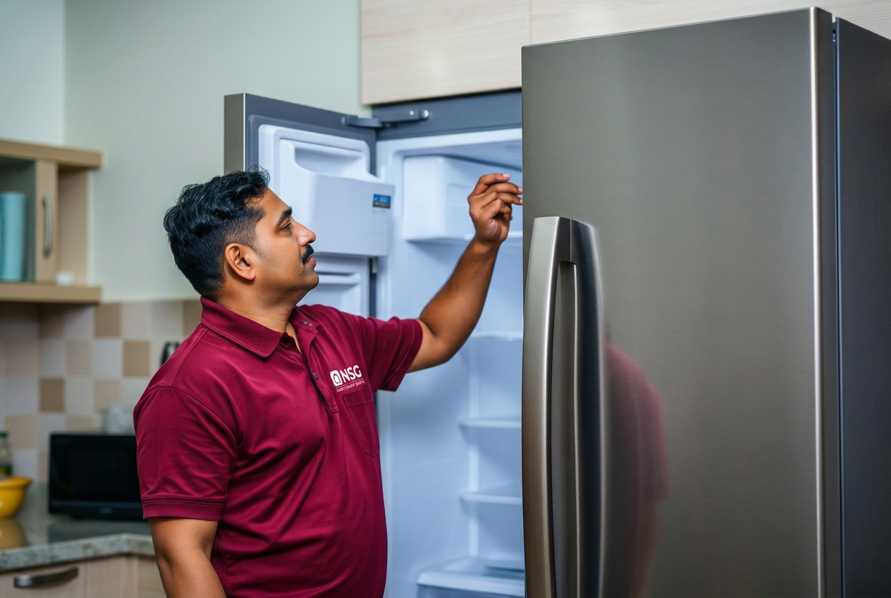 NSG technician inspecting a double door refrigerator cooling compartment