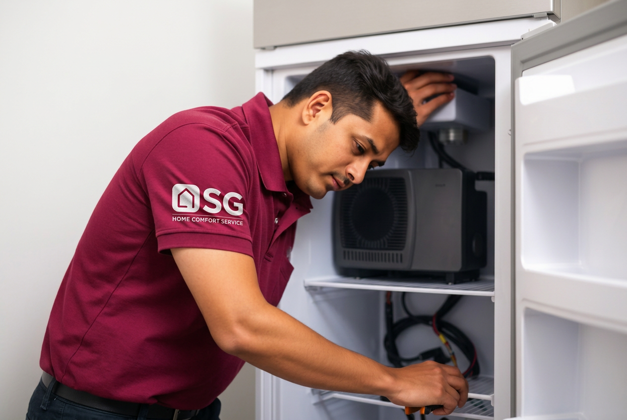 NSG technician working on refrigerator compressor and cooling parts