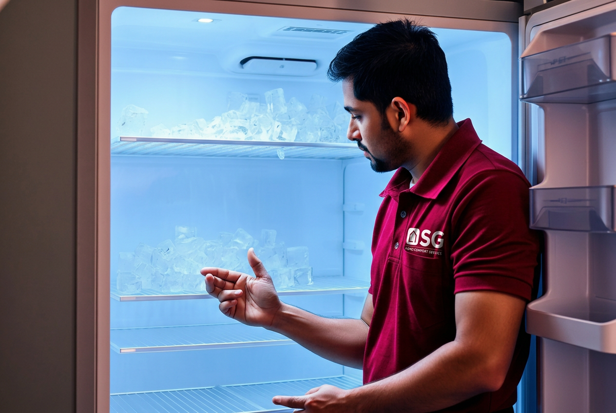 NSG technician checking excess ice formation inside a freezer