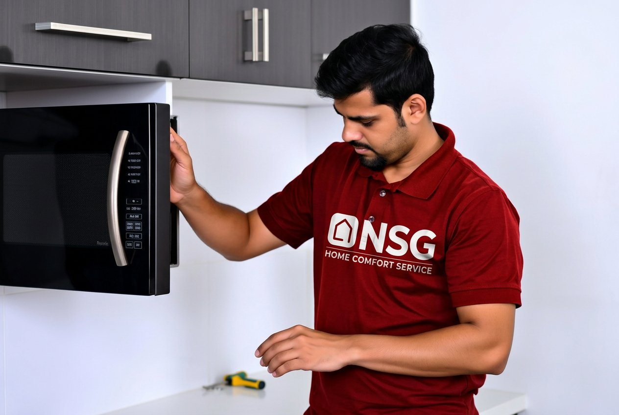 NSG technician repairing a microwave oven in a kitchen in Kakinada