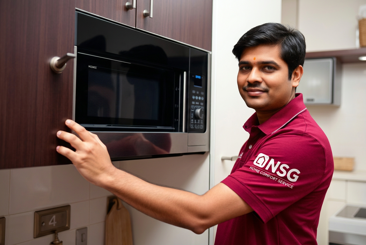 NSG technician testing a microwave oven door latch and control panel