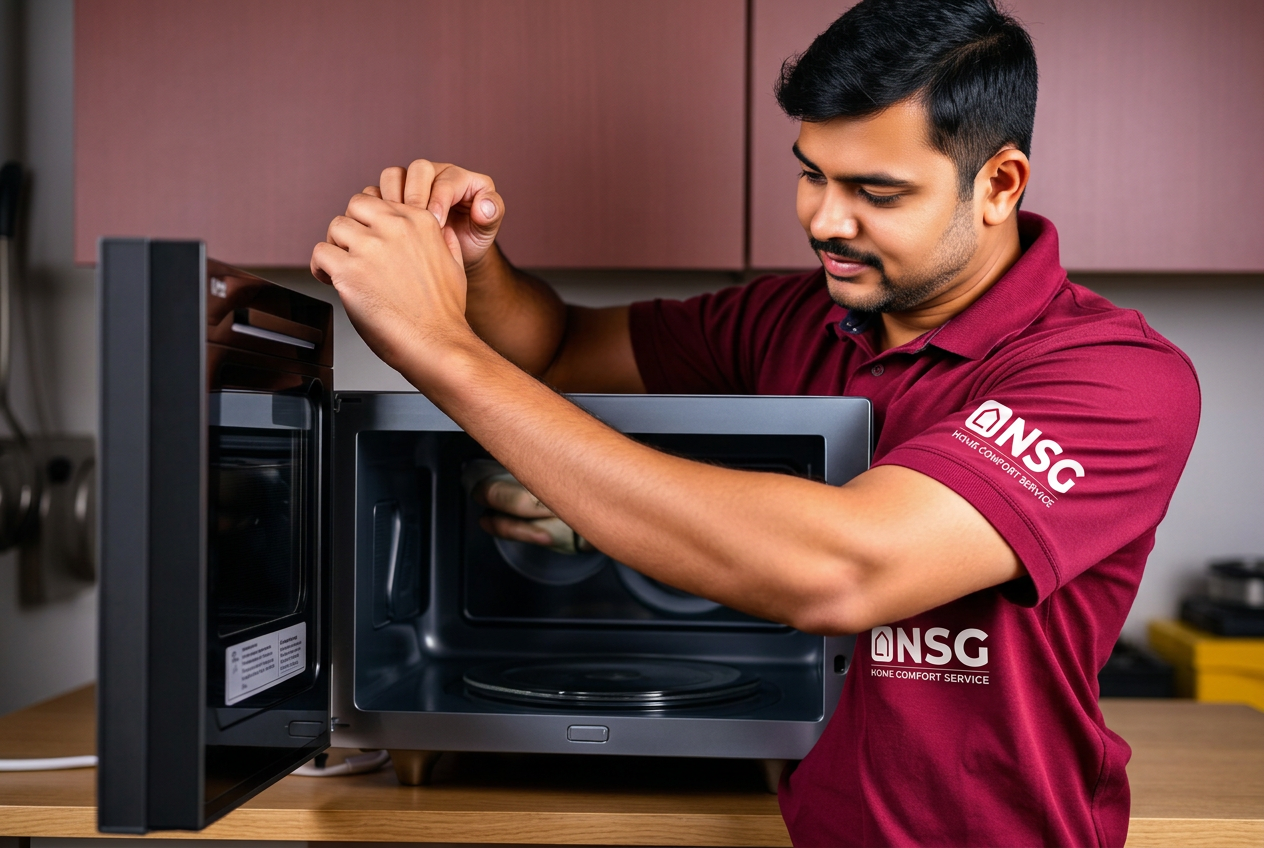 NSG technician inspecting internal microwave oven components