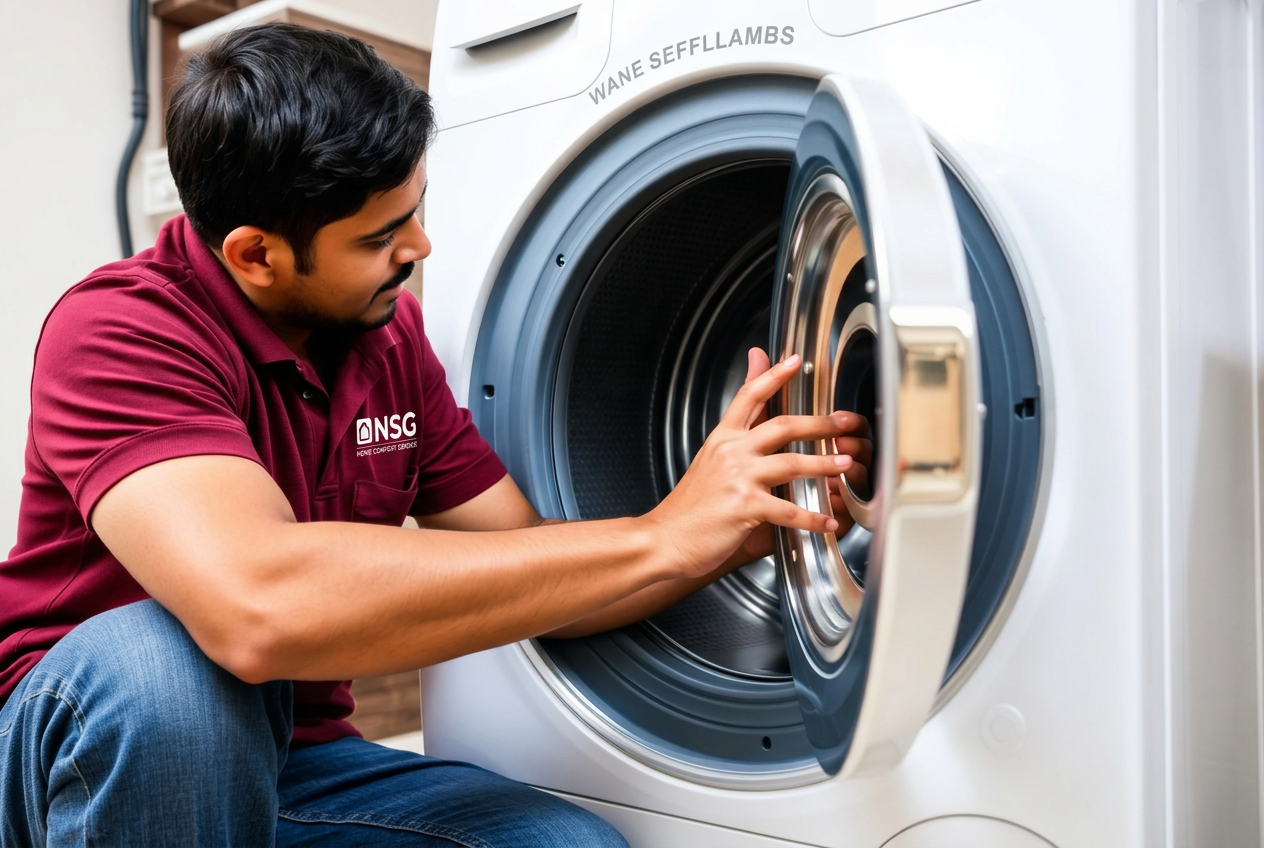 NSG technician repairing a front load washing machine drum and pump