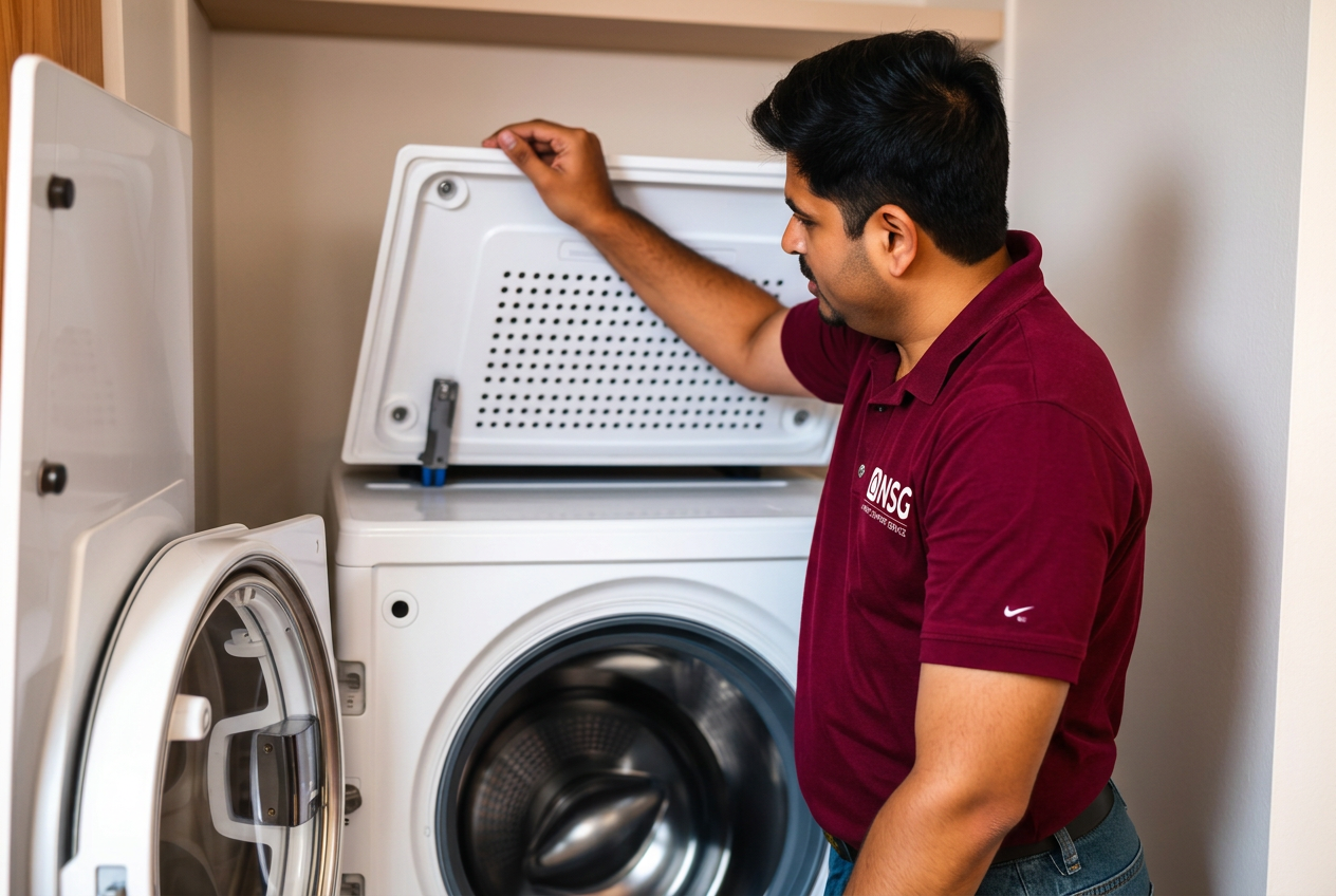 NSG technician opening a washing machine panel to inspect parts