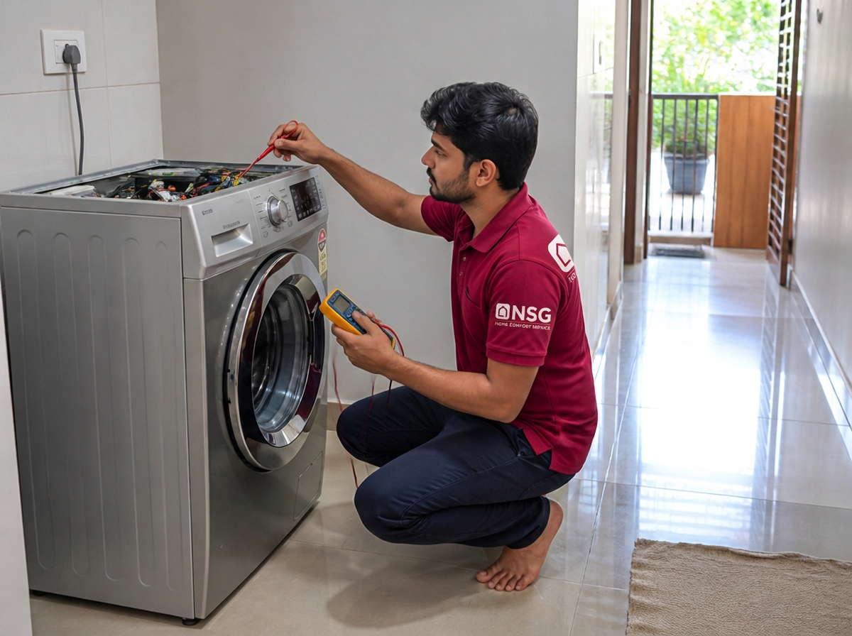 NSG technician checking a washing machine drain hose for water leakage