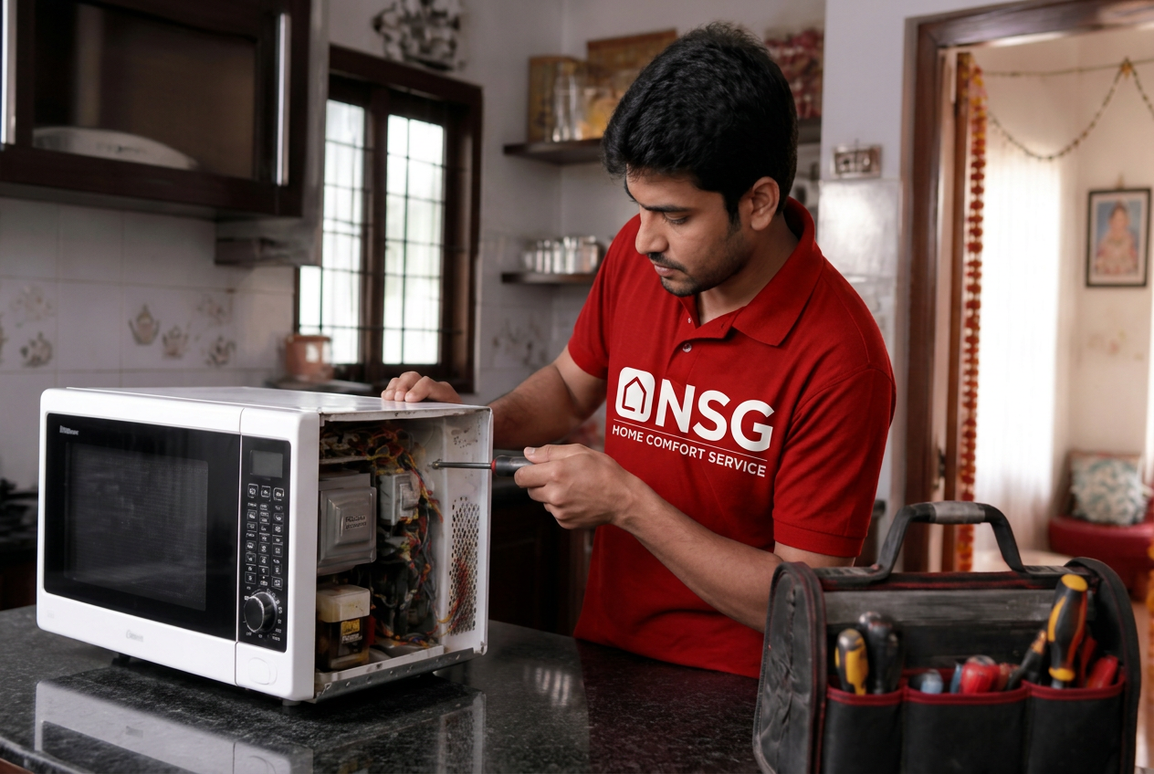 Technician servicing a microwave oven in a kitchen in Kakinada