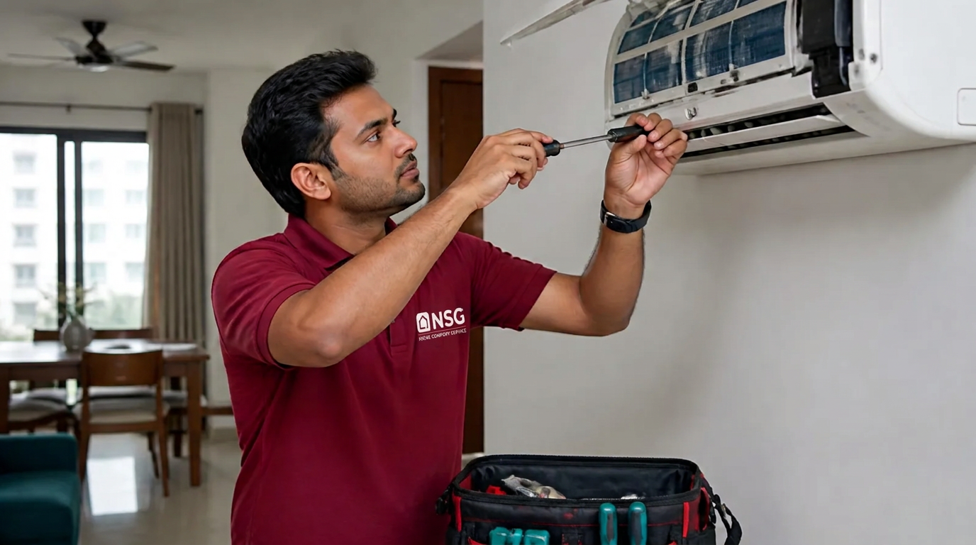 NSG technician in a branded red t-shirt servicing a split AC indoor unit in Kakinada