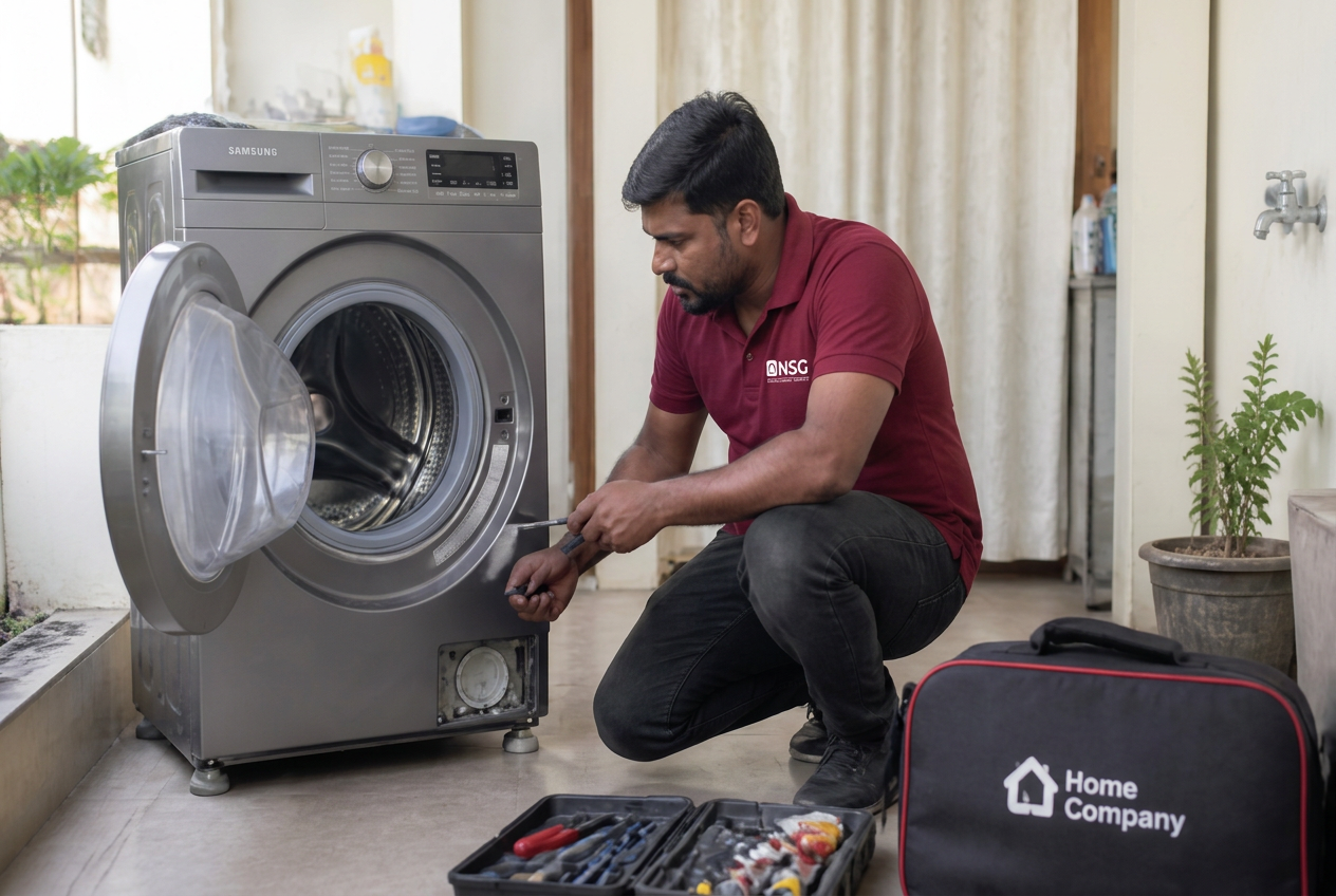 Technician repairing a front-load washing machine at a home in Kakinada